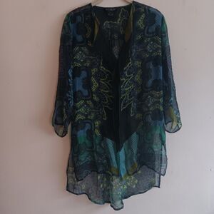 Citron Santa Monica Floral Forest Fairy Silk Sheer Tunic Top Green Layers Small